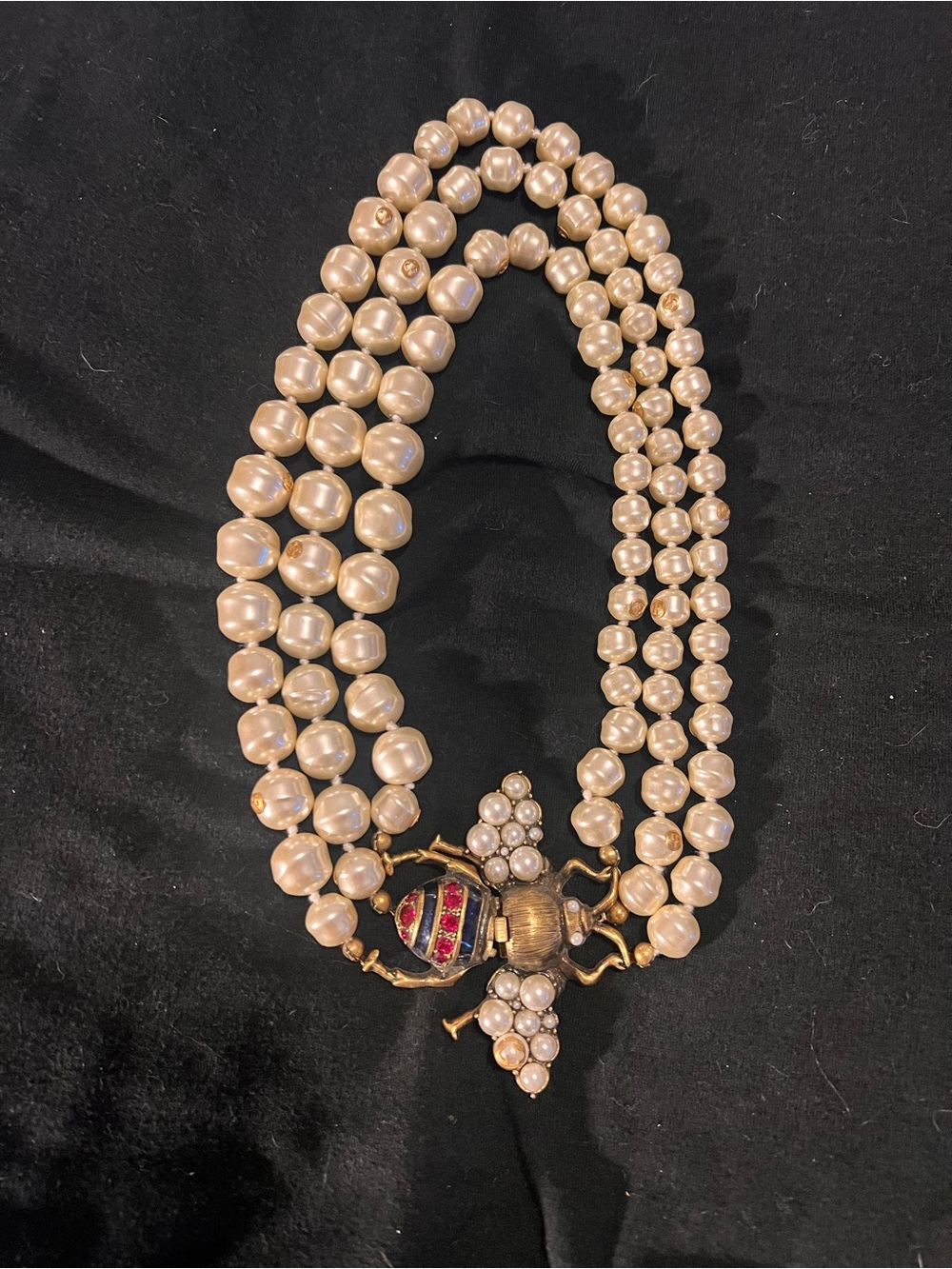Gucci Triple-Strand Pearl Necklace with Gold Bee and Red Enamel Accent
